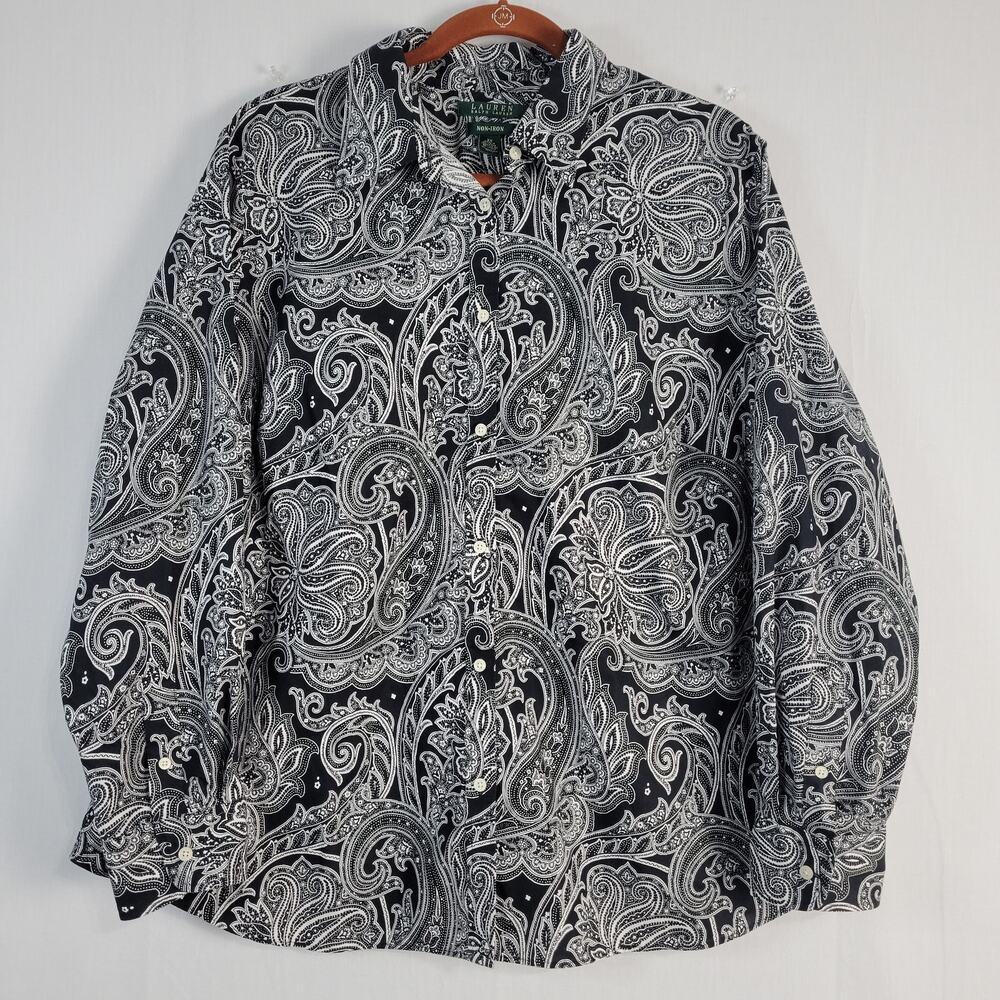 Lauren Ralph Lauren Paisley Non-Iron Long Sleeve Button Shirt sz 2X Black Office
